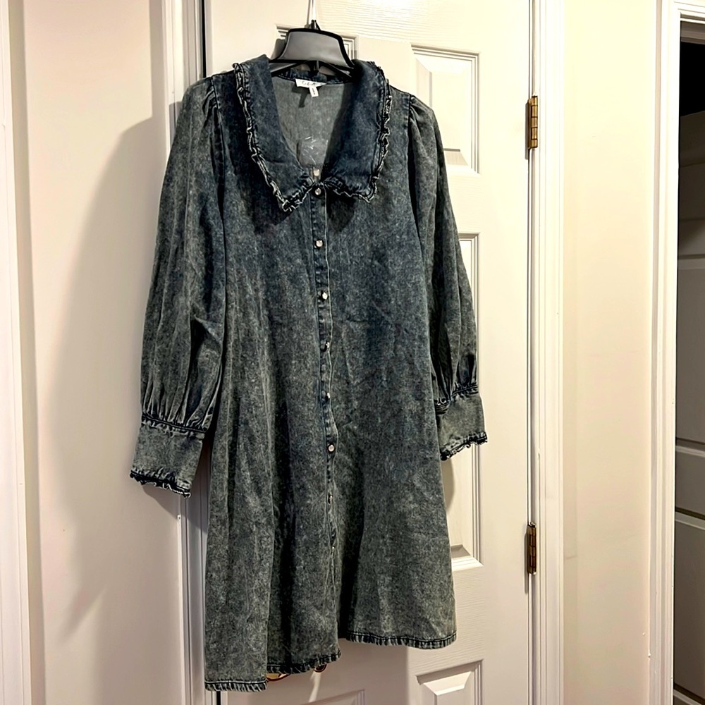 Selling a brand new denim dress with pearl buttons . Never worn .